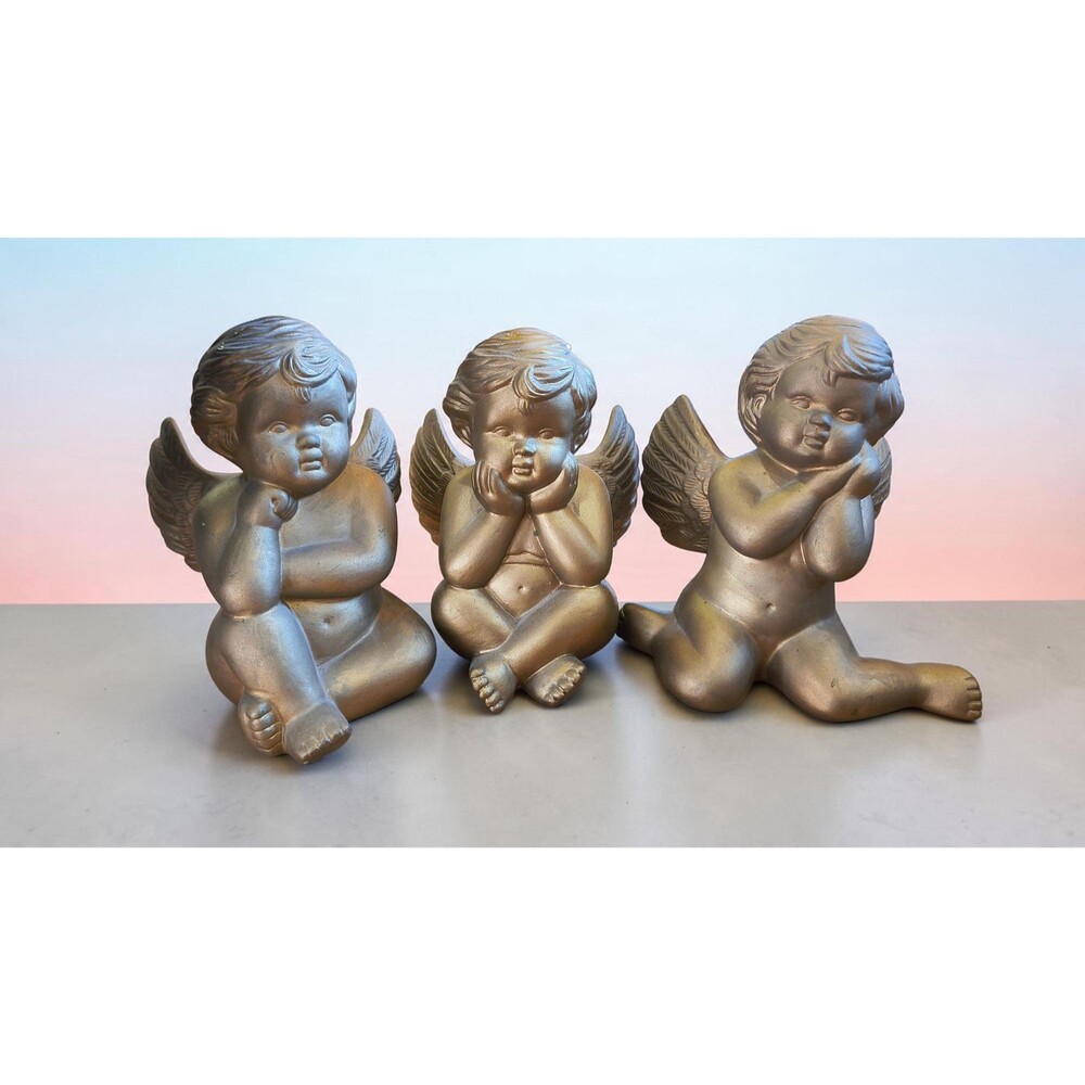 Vintage Set of 3 Gold Cherub Angel Figurines Sitting Thinking Pose Home Decor